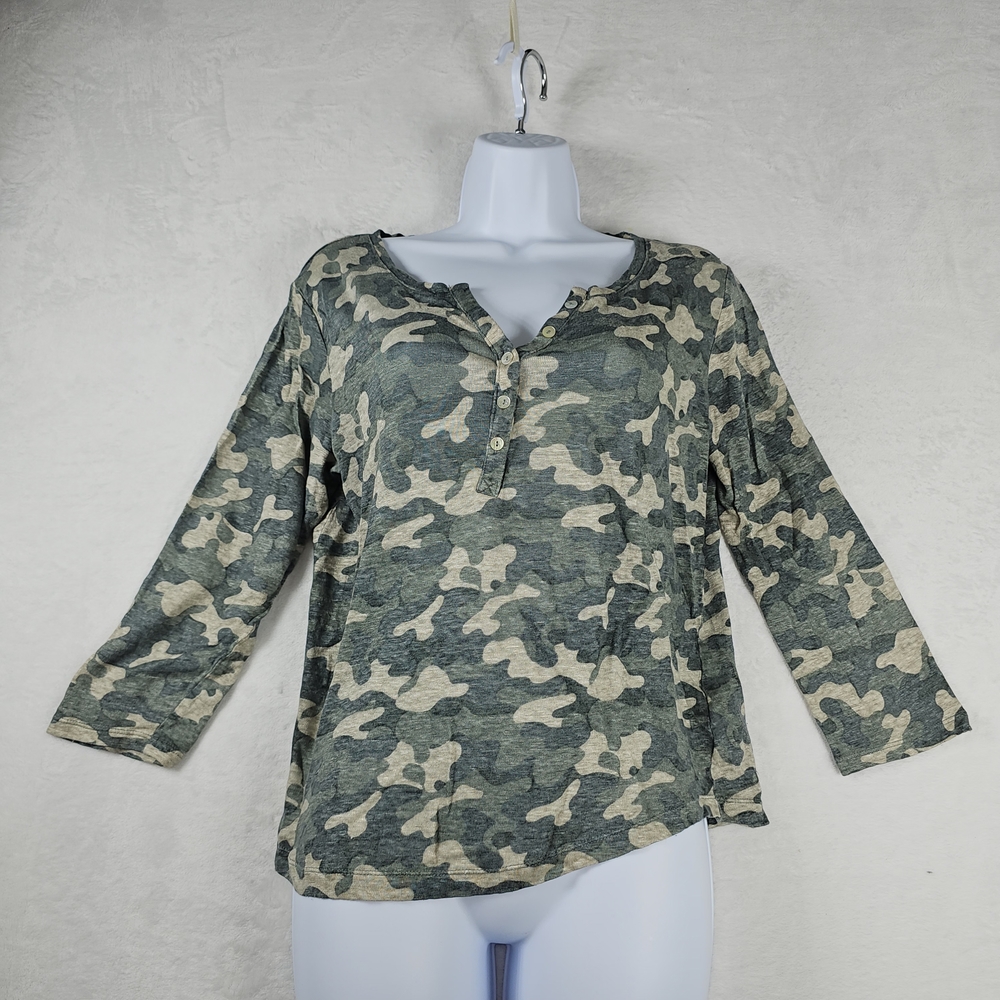 Nicole Miller New York Shirt M Casual Camouflage Linen Button Tunic Top Green